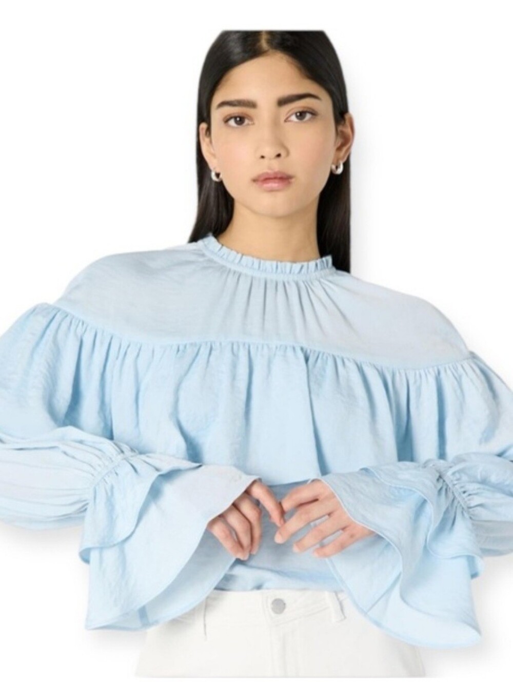 Light Blue Ruffled Long-Sleeve Blouse